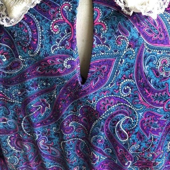 Vintage 80’s Paisley Lace Collar Dress Purple sz10 - Picture 6 of 16